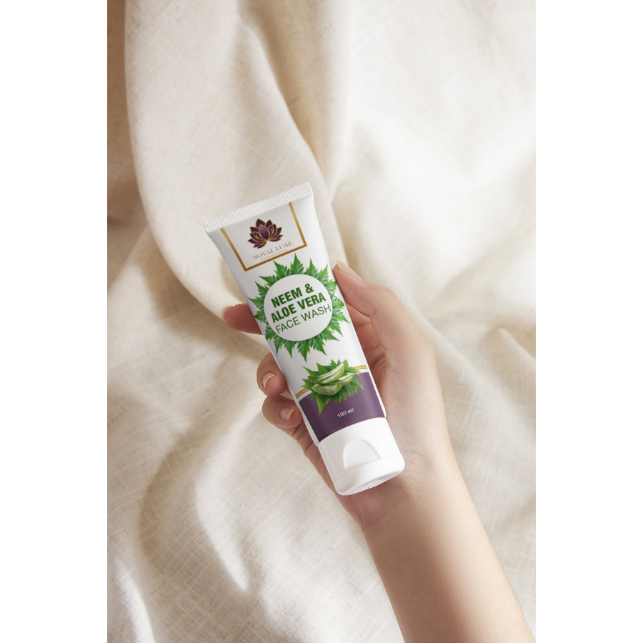 Nova Luxe Neem Aloe Vera Face Wash for clear, fresh skin. Enriched with neem and aloe vera to cleanse, soothe, and fight acne naturally